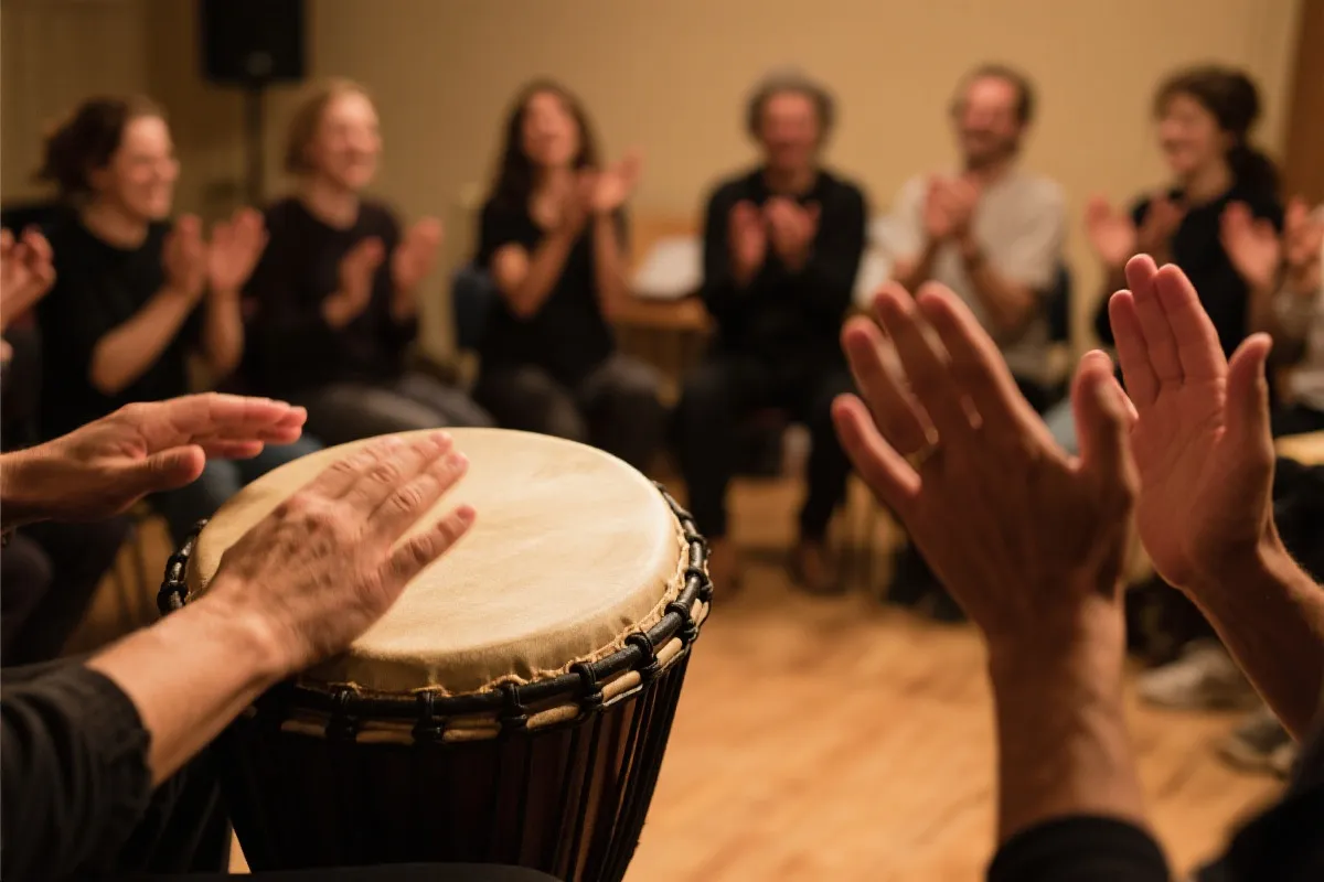 近景手鼓与拍手的节奏细节，观众围成一圈练习口号与鼓点，温暖的室内排练氛围